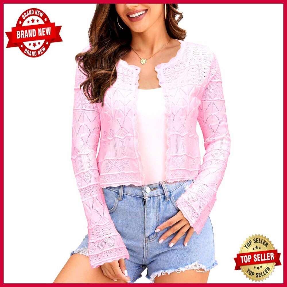 Cropped Cardigan Sweater Bell Sleeve Lightweight Knit Shrug Medium